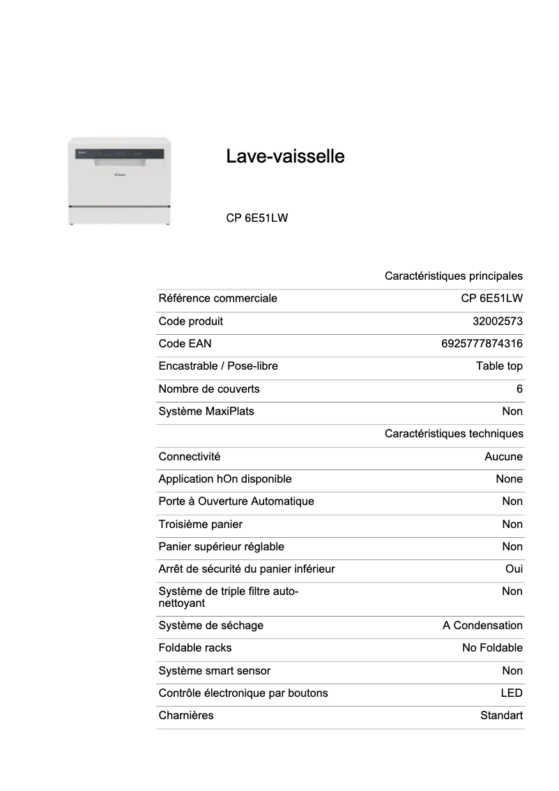 Page 1 de la notice Fiche technique Candy CP 6E51LW