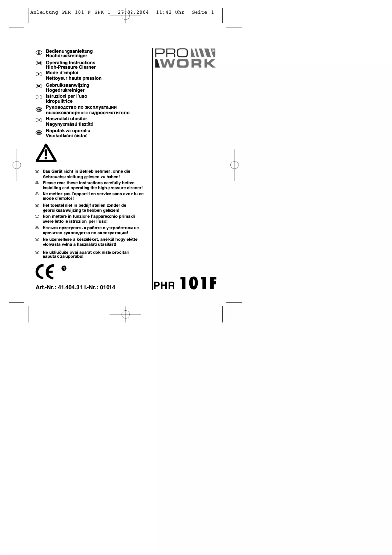 Page n°1 - Manuel utilisateur Prowork PHR 101F