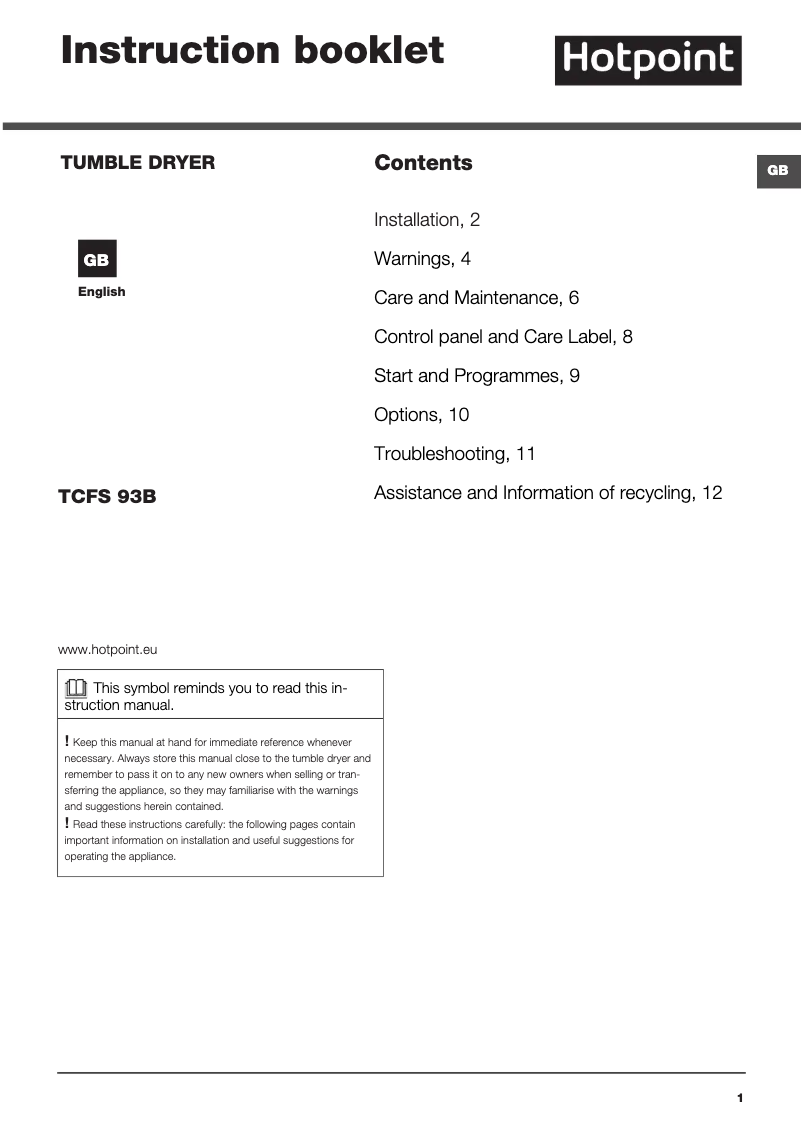 Image de la première page du manuel de l'appareil TCFS 93B GP.9 (UK)