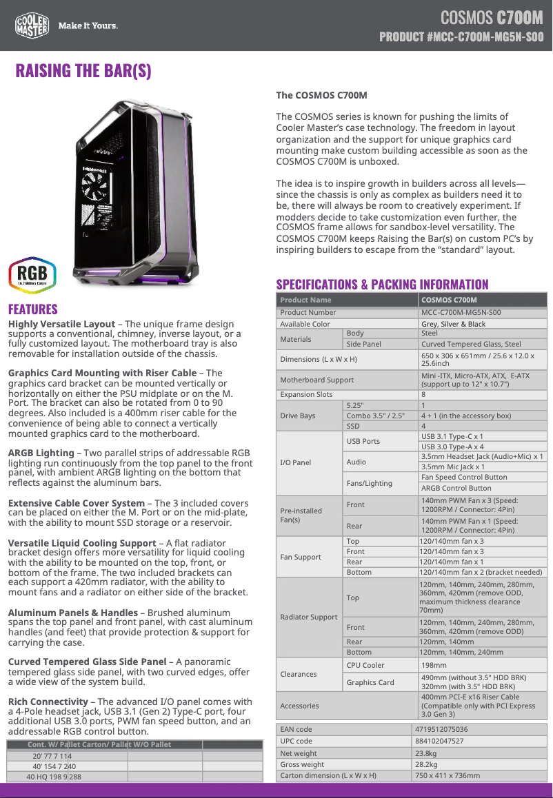 Page 1 de la notice Fiche technique Cooler Master Cosmos C700M