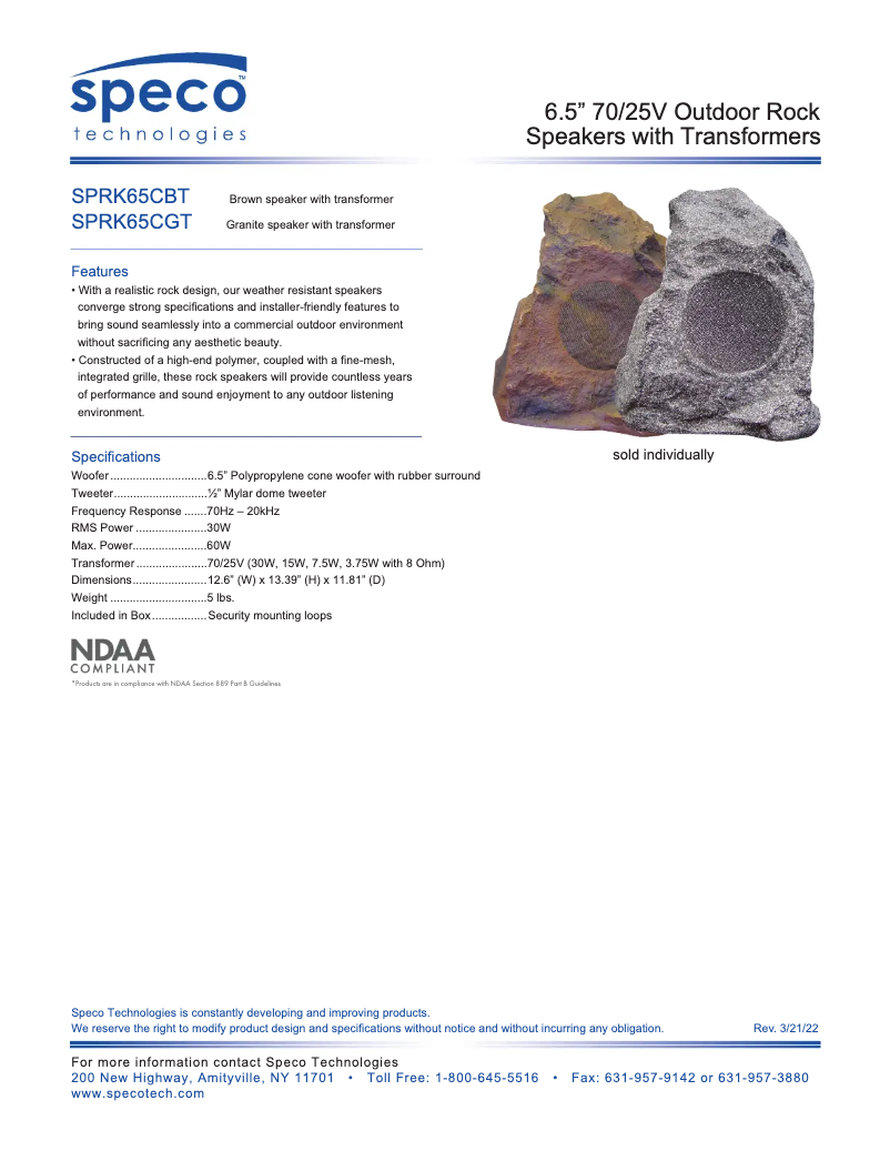 Page 1 de la notice Fiche technique Speco Technologies SPRK65CBT