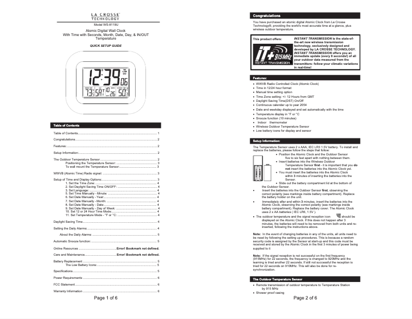 Page n°1 - Manuel utilisateur La Crosse Technology WS-8119U-IT-B