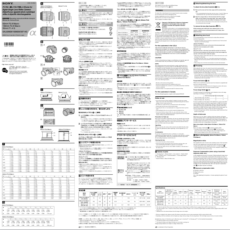 Page 1 de la notice Manuel utilisateur Sony SAL-100M28