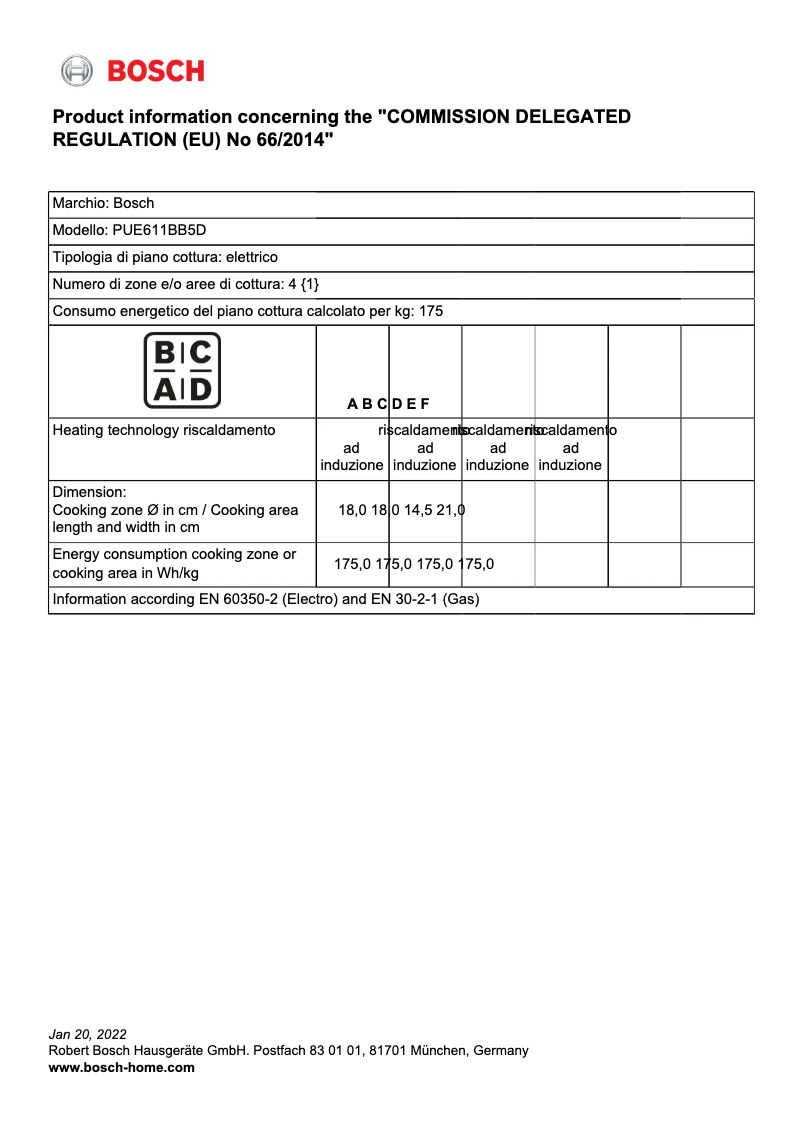 Page 1 de la notice Fiche technique Bosch PUE611BB5D