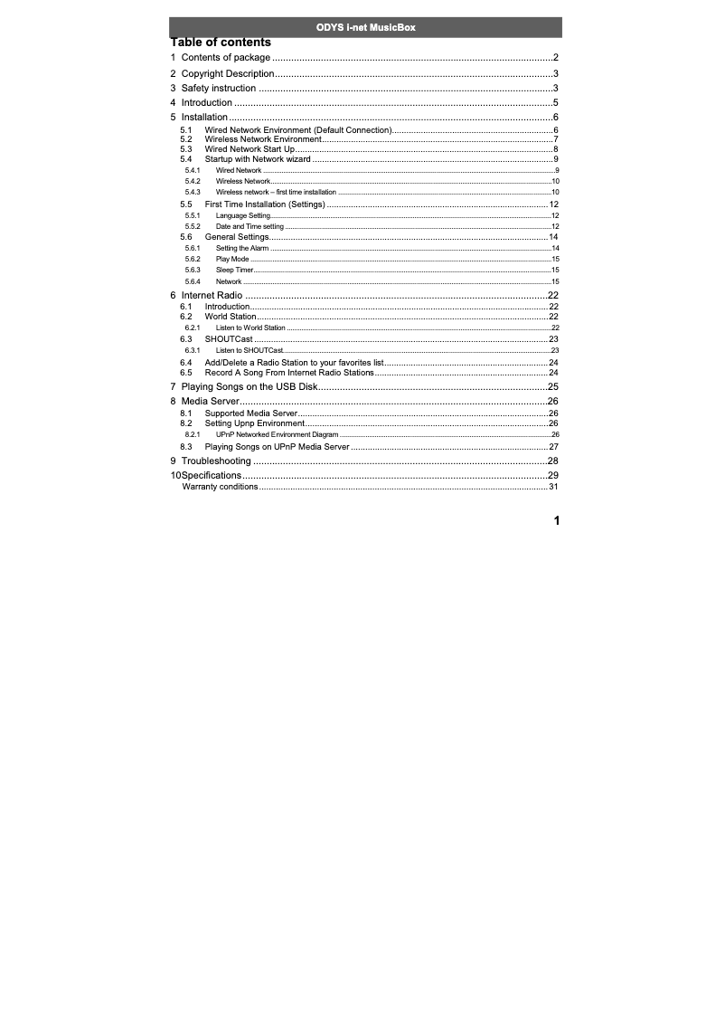 Page n°1 - Manuel utilisateur Odys i-net MusicBox