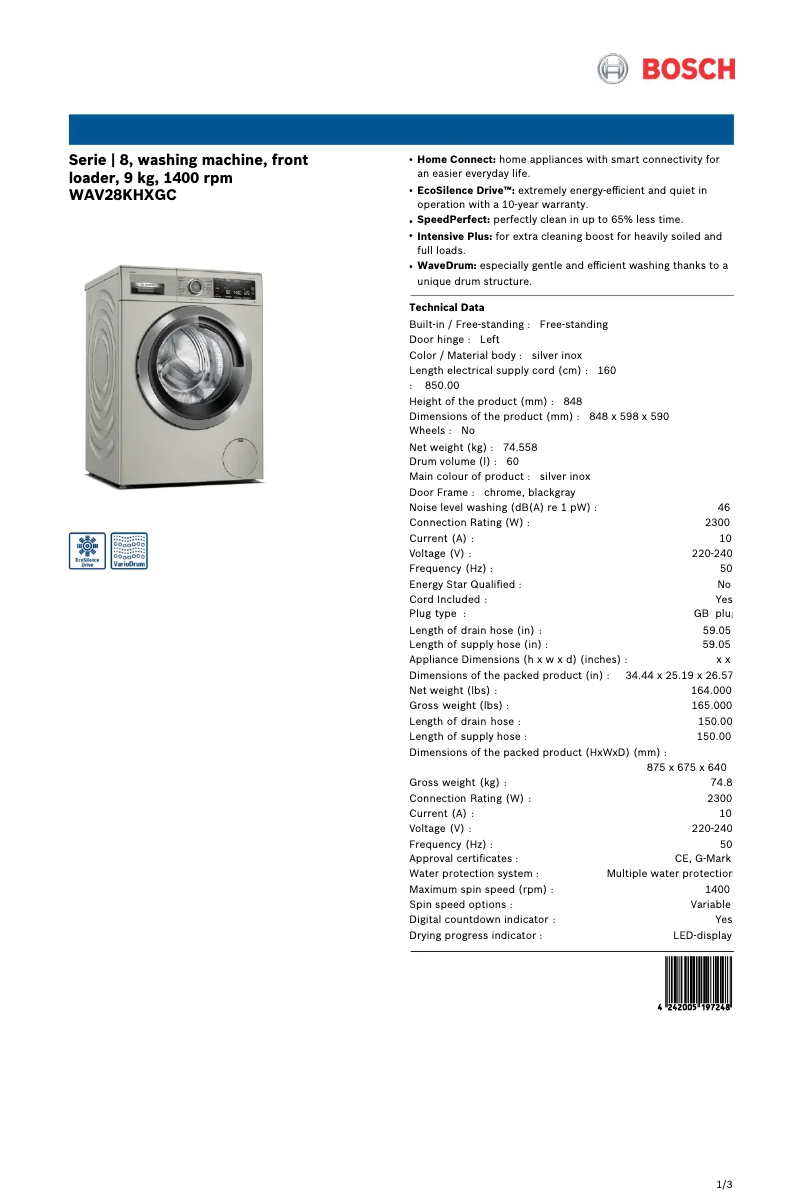Page n°1 - Fiche technique Bosch WAV28KHXGC