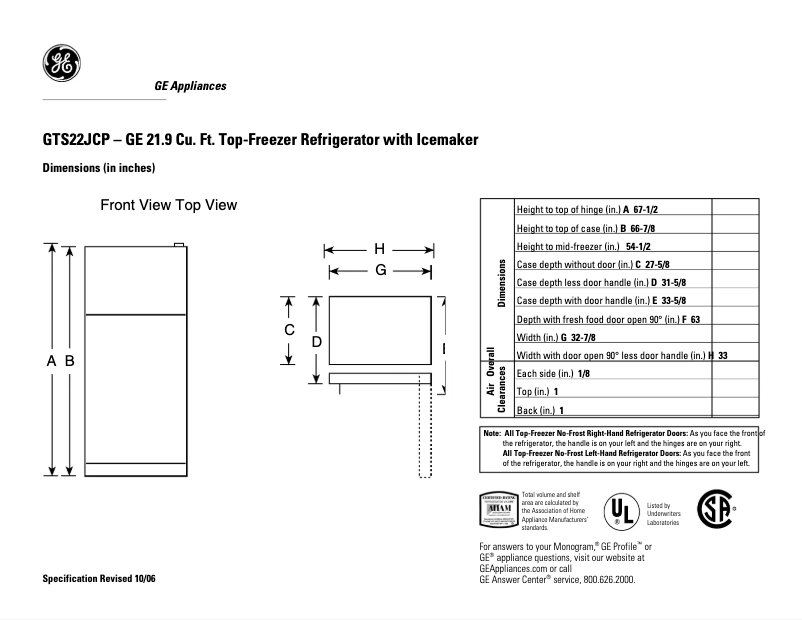 Page 1 de la notice Fiche technique GE GTS22JCPCC