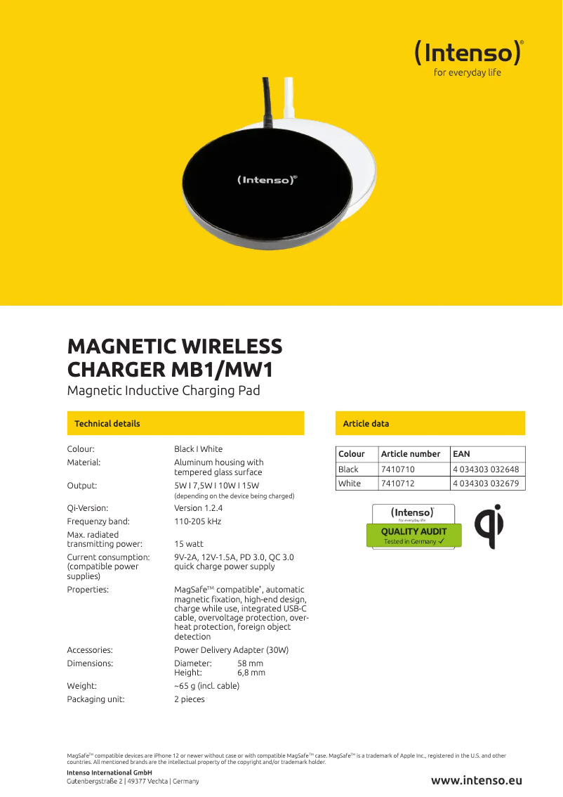 Page 1 de la notice Fiche technique Intenso MB1