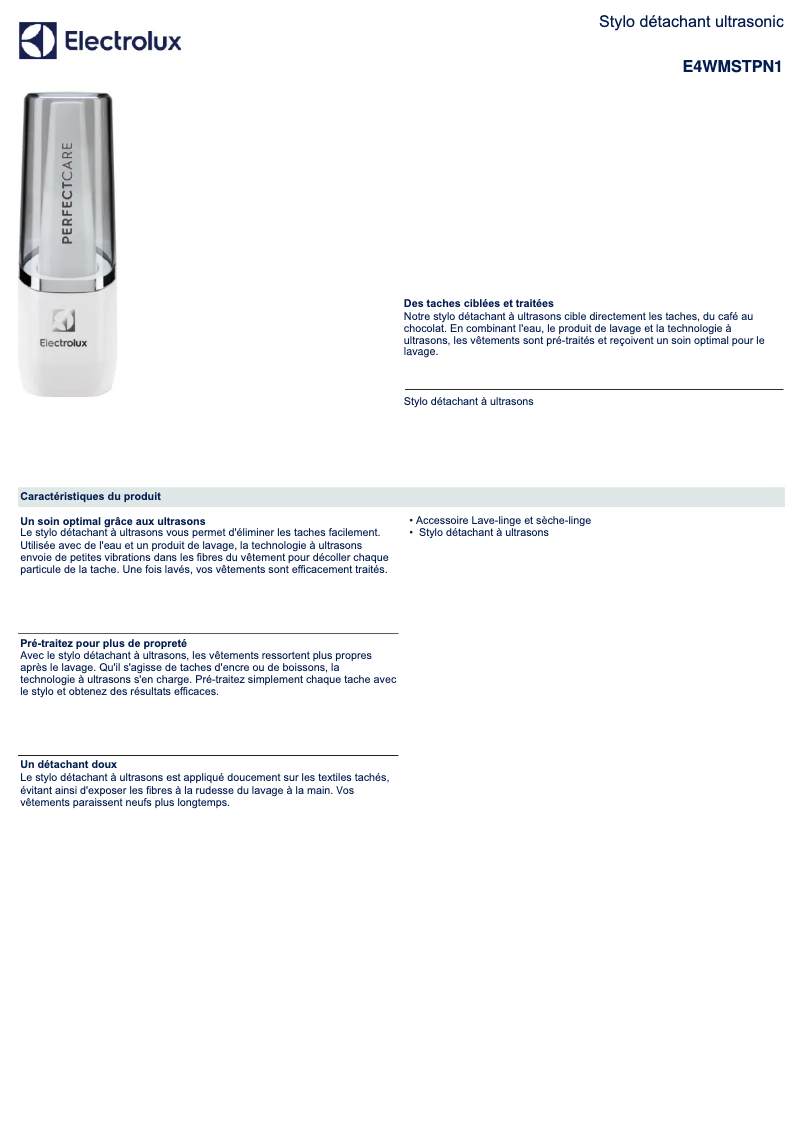 Page 1 de la notice Fiche technique Electrolux E4WMSTPN1