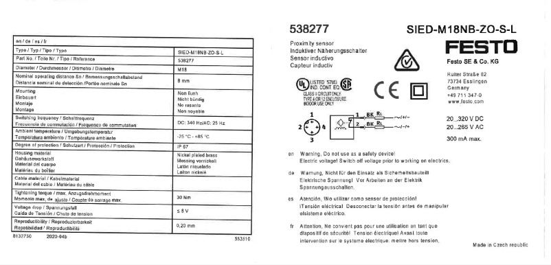 Page 1 de la notice Manuel utilisateur Festo SIED-M18NB-ZO-S-L