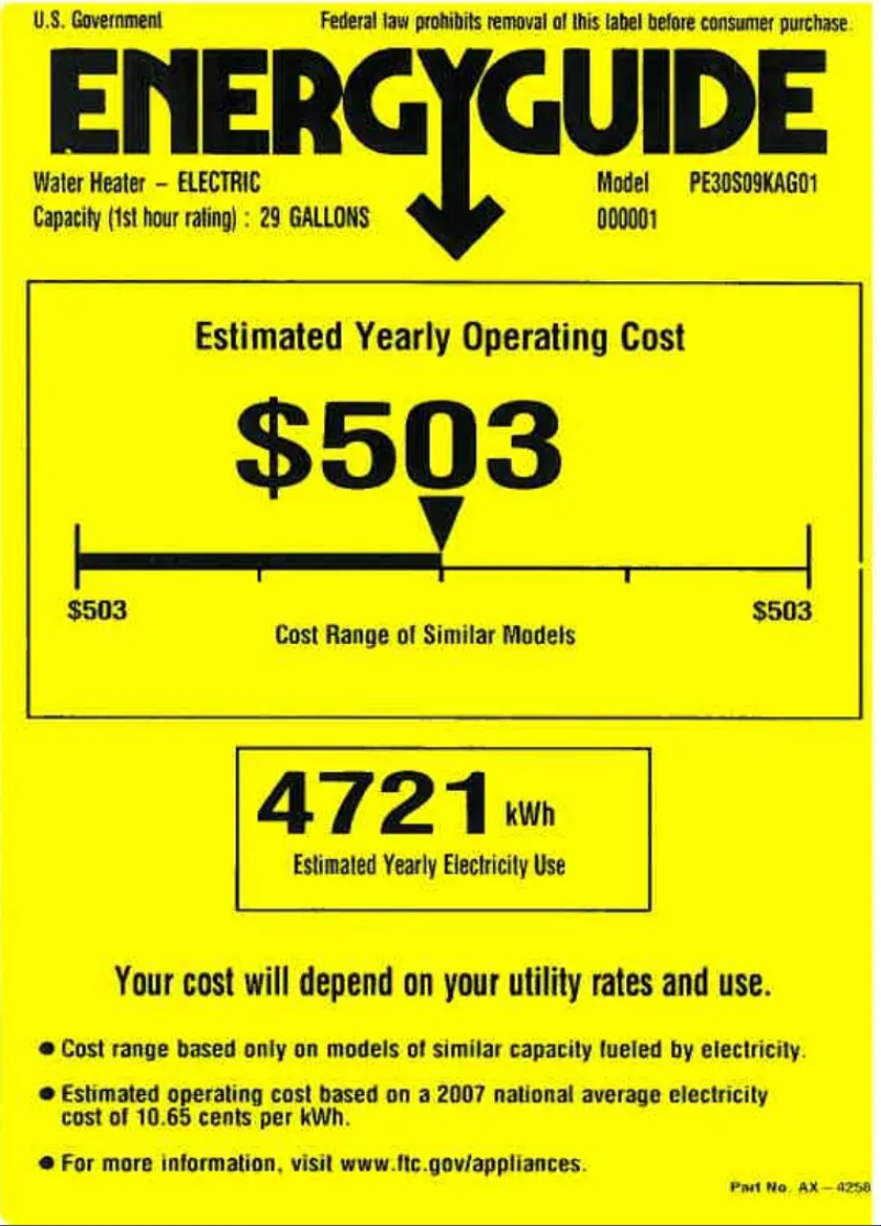 Page 1 de la notice Label énergétique GE PE30S09KAG