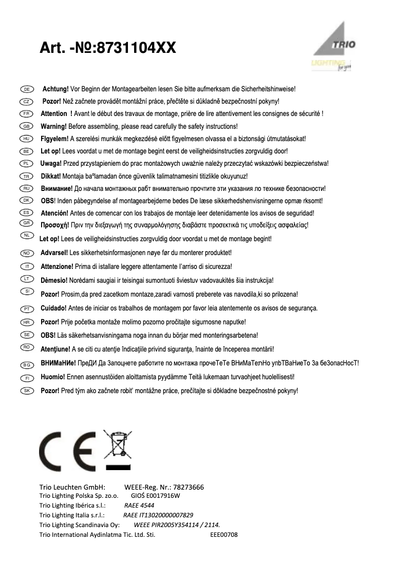 Page 1 de la notice Manuel utilisateur Trio Lighting Narcos