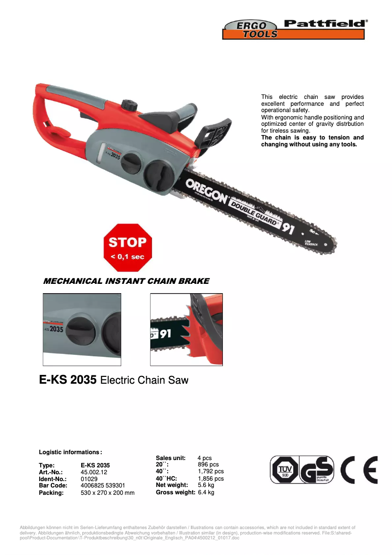 Page 1 de la notice Manuel utilisateur Ergotools Pattfield E-KS 2035