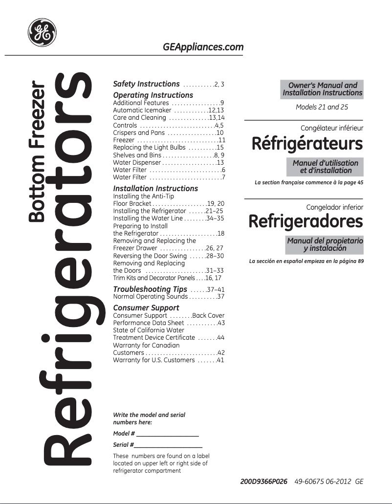 Image de la première page du manuel de l'appareil Profile PFSF0MFCWW