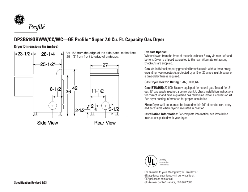 Page n°1 - Fiche technique GE Profile DPSB519GBCC