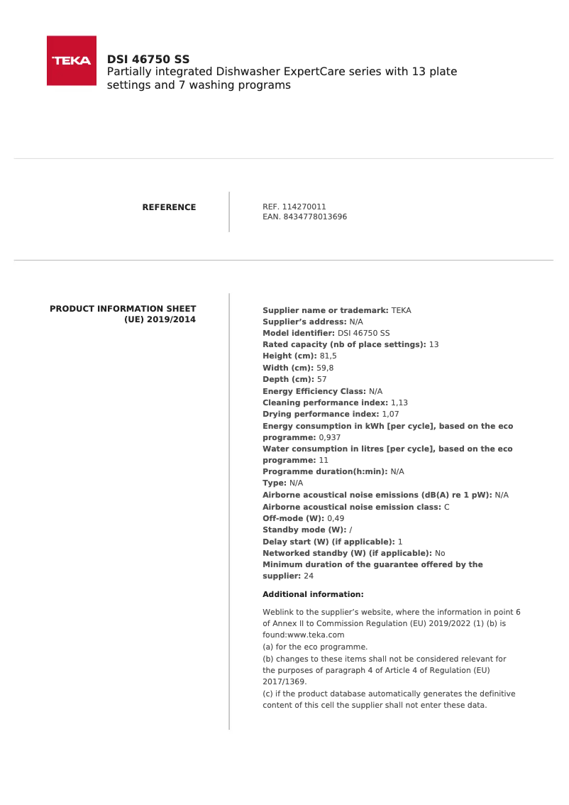 Page 1 de la notice Fiche technique Teka DSI 46750