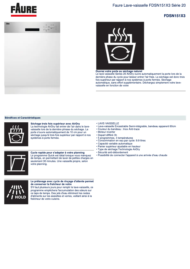Página 1 del manual Ficha técnica Faure FDSN151X3