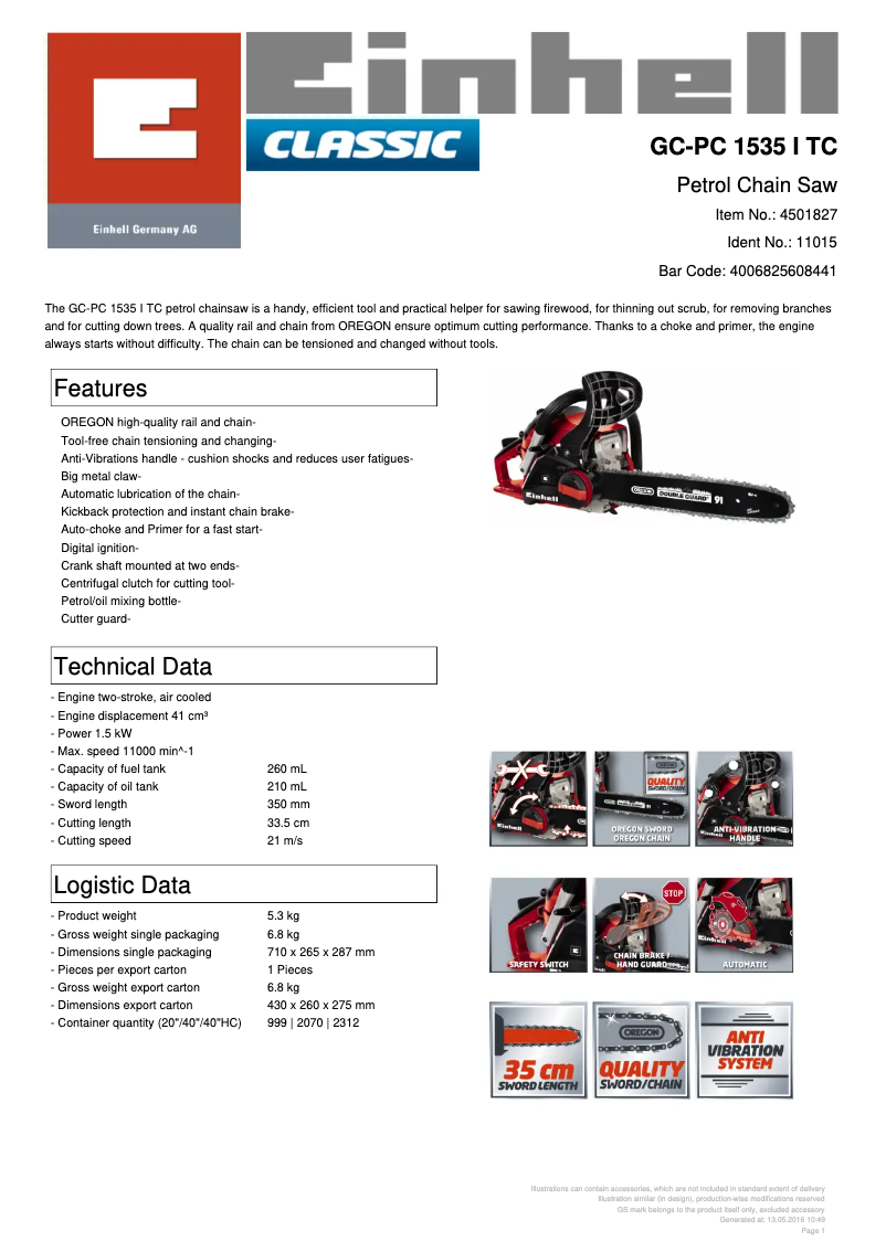 Page 1 de la notice Fiche technique Einhell GC-PC 1535 I TC