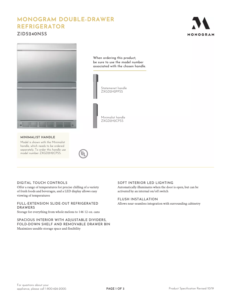 Page 1 de la notice Fiche technique Monogram ZIDS240NSS