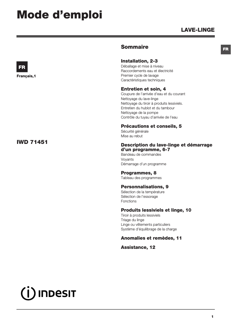Page 1 de la notice Manuel utilisateur Indesit IWD 71451