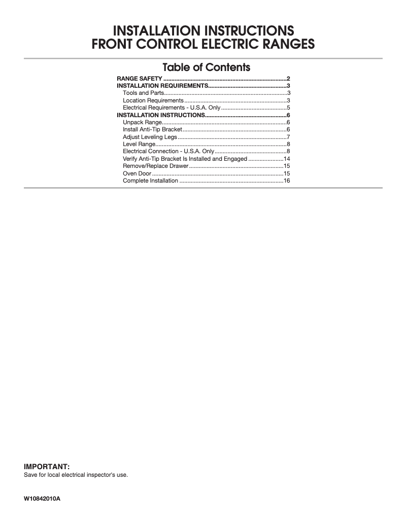 Page 1 de la notice Guide d'installation Whirlpool WEC310S0FW