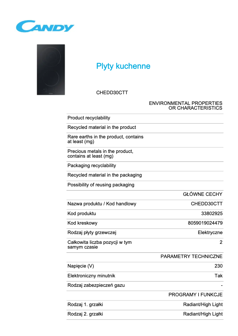 Page 1 de la notice Fiche technique Candy CHEDD30CTT