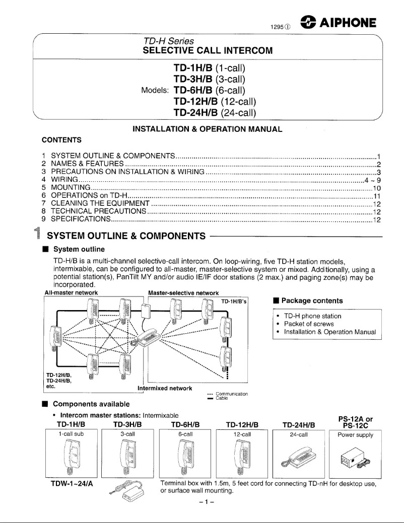 Page 1 de la notice Manuel utilisateur Aiphone TD-6H/B