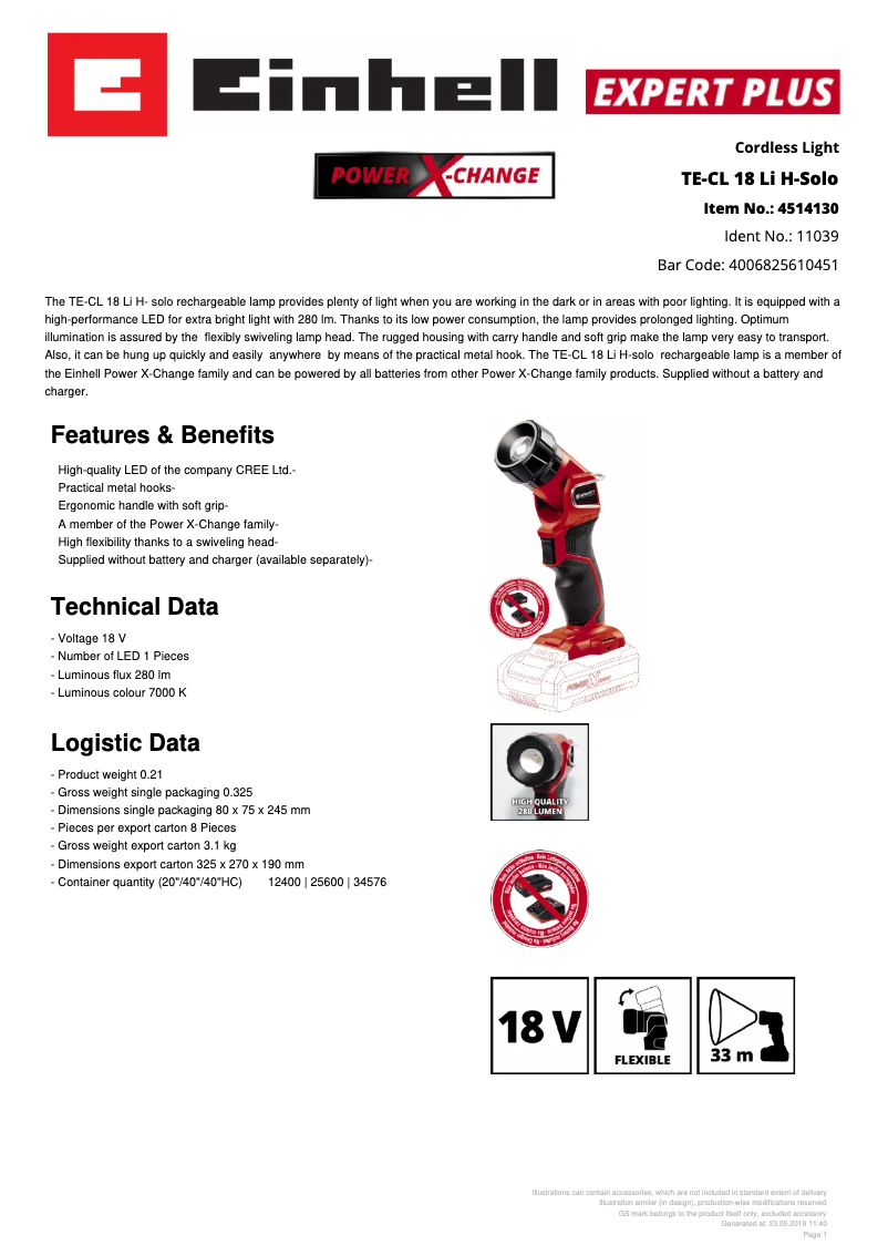 Page n°1 - Fiche technique Einhell TE-CL 18 Li H-Solo