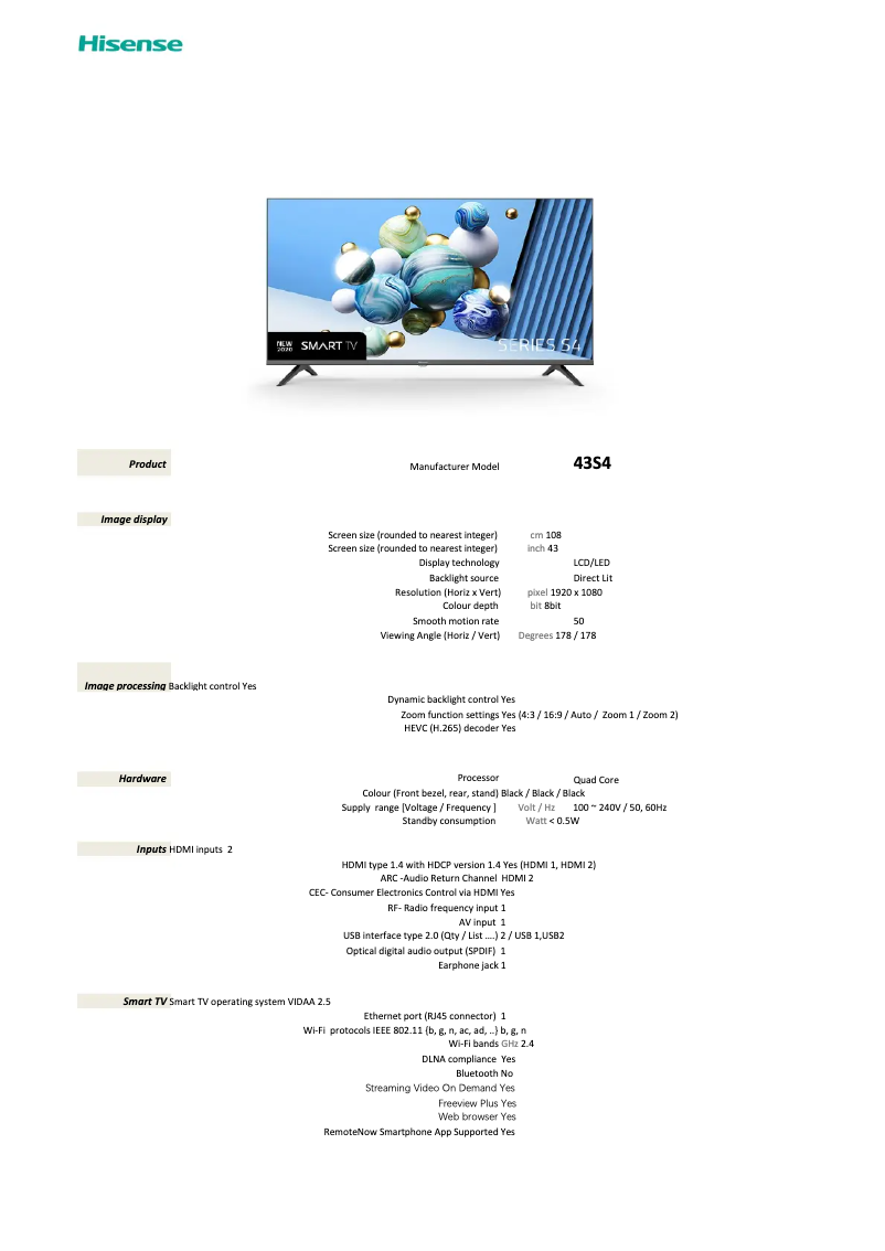 Page n°1 - Fiche technique Hisense 43S4