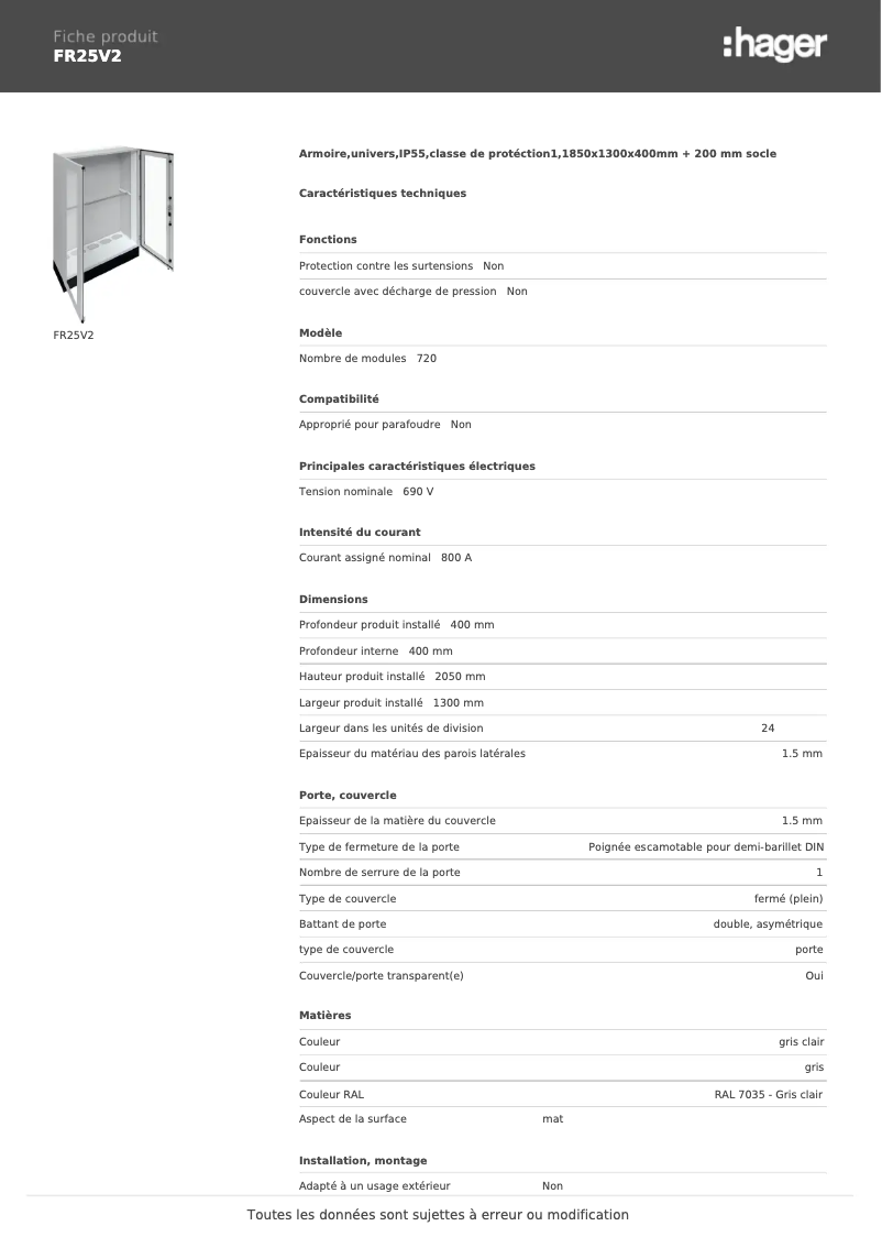 Page 1 de la notice Fiche technique Hager FR25V2