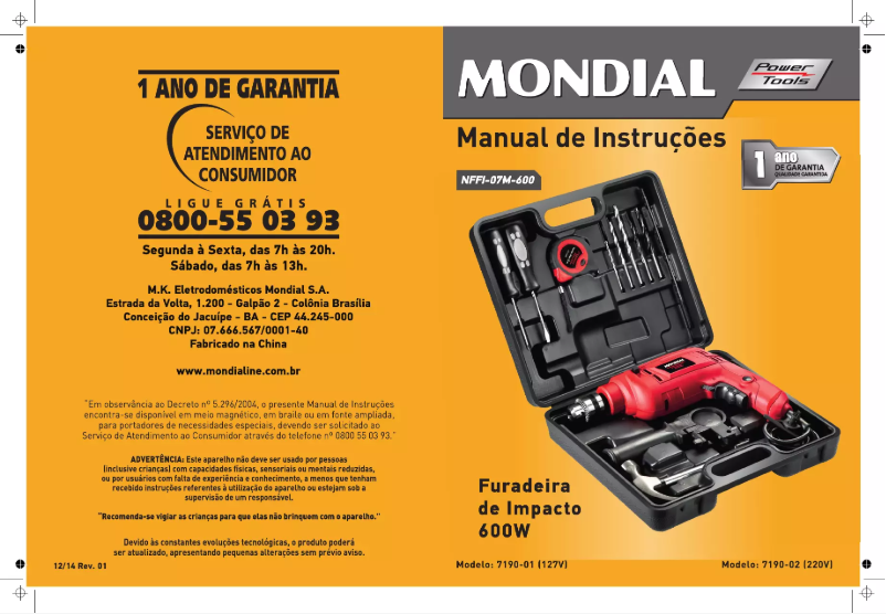 Page 1 de la notice Manuel utilisateur Mondial NFFI-07M-600