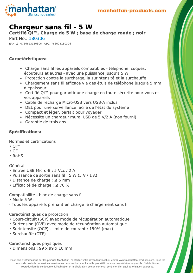 Page 1 de la notice Fiche technique Manhattan 180306