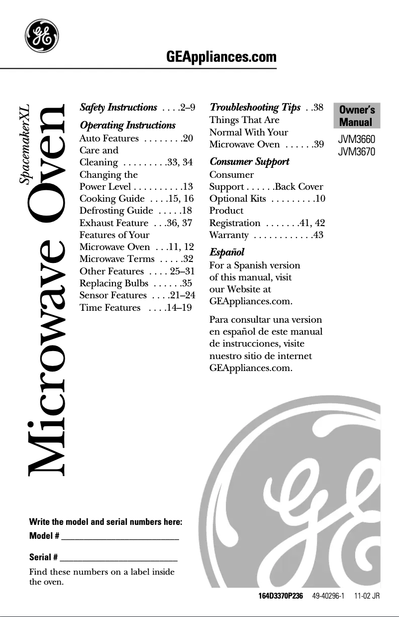 Page n°1 - Manuel d'utilisation et d'entretien GE Profile JVM3660SD