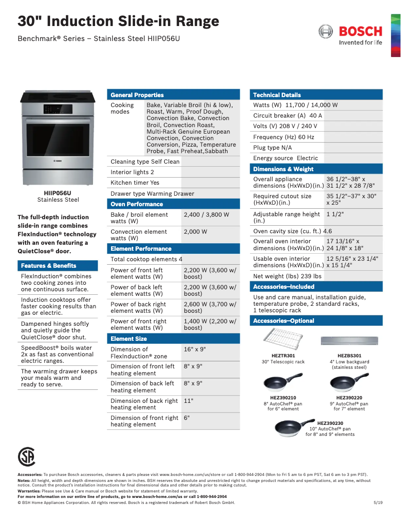 Page 1 de la notice Fiche technique Bosch HIIP056UC