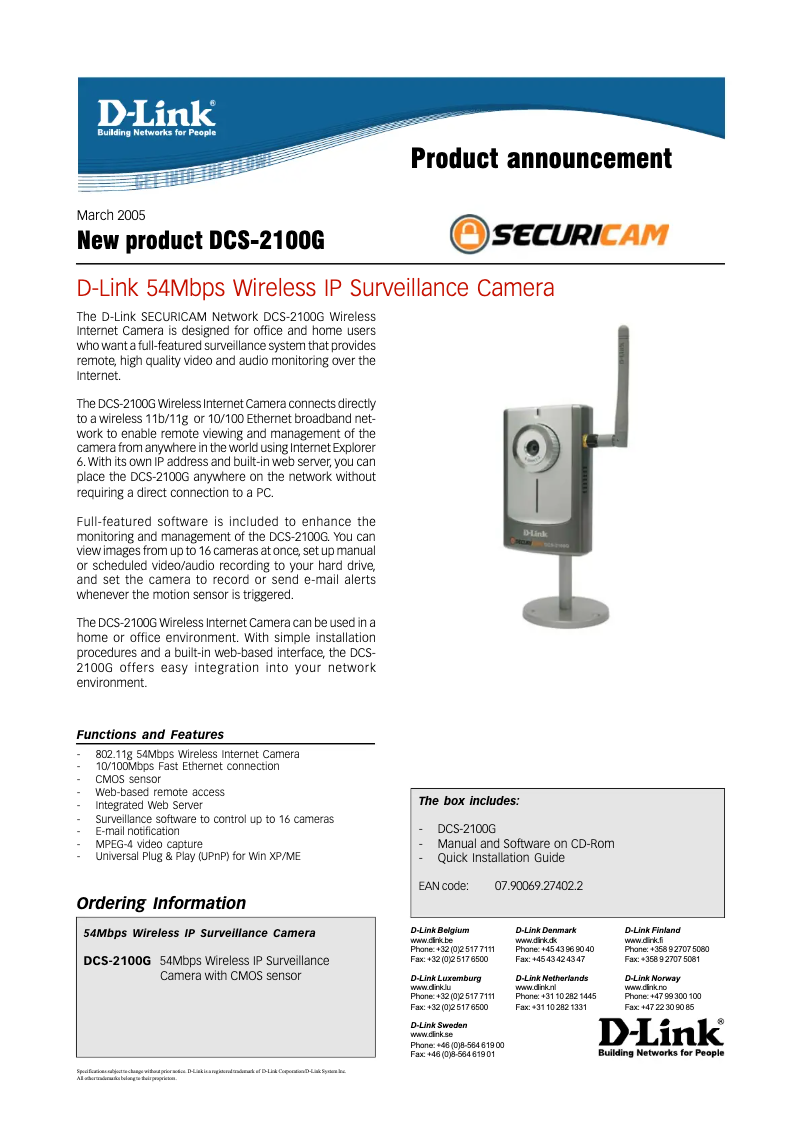 Page 1 de la notice Fiche technique D-Link DCS-2100G