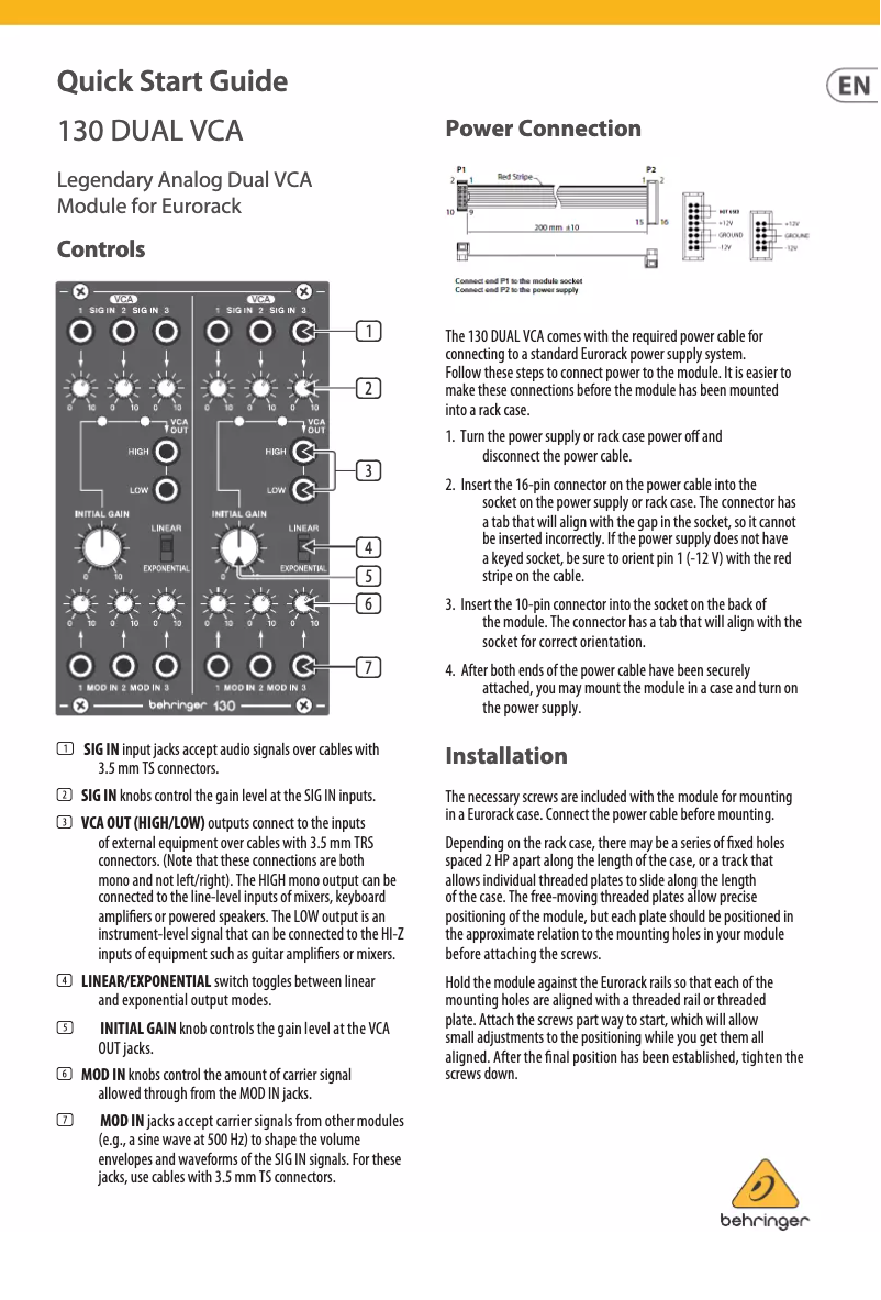 Page 1 de la notice Guide de démarrage rapide Behringer System 100 130 Dual VCA