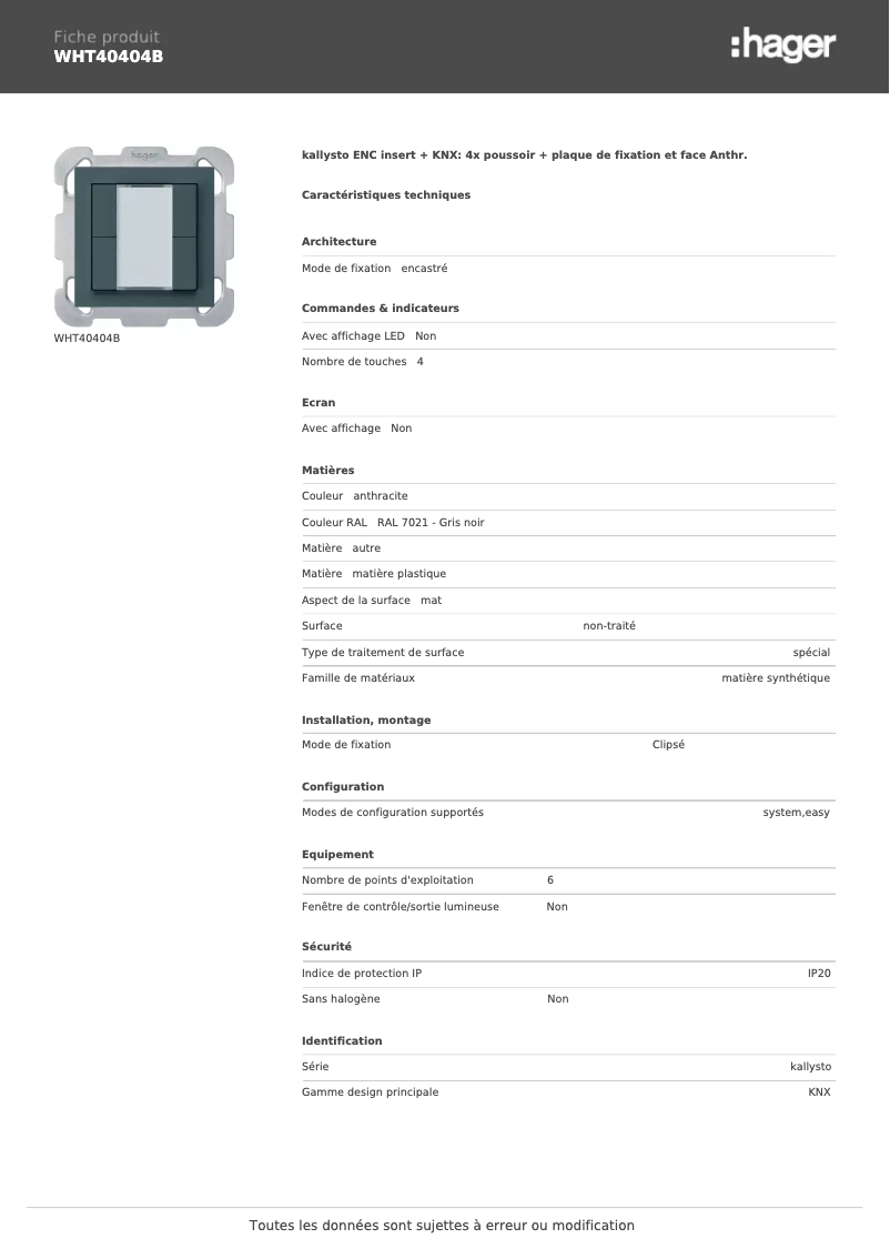 Page 1 de la notice Fiche technique Hager WHT40404B