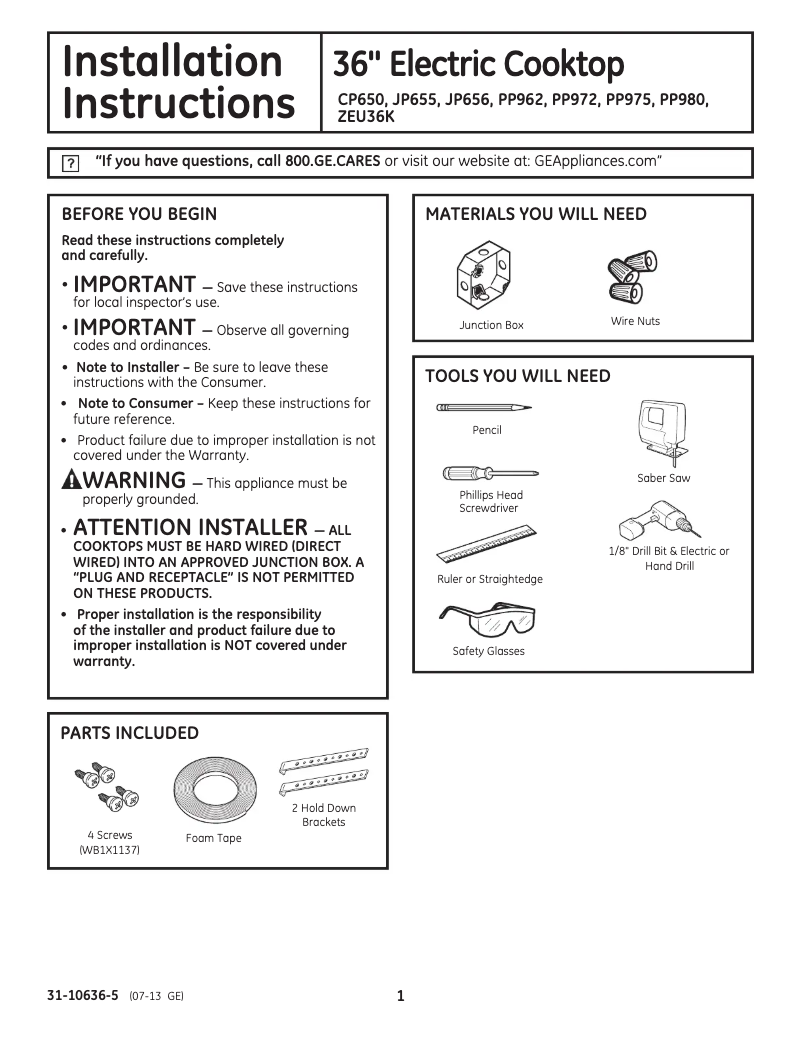 Page n°1 - Guide d'installation GE Profile PP962SMSS
