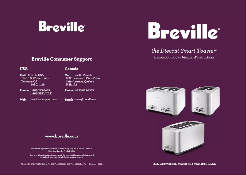 Page 1 de la notice Manuel utilisateur Breville the Diecast Smart Toaster BTA820XL