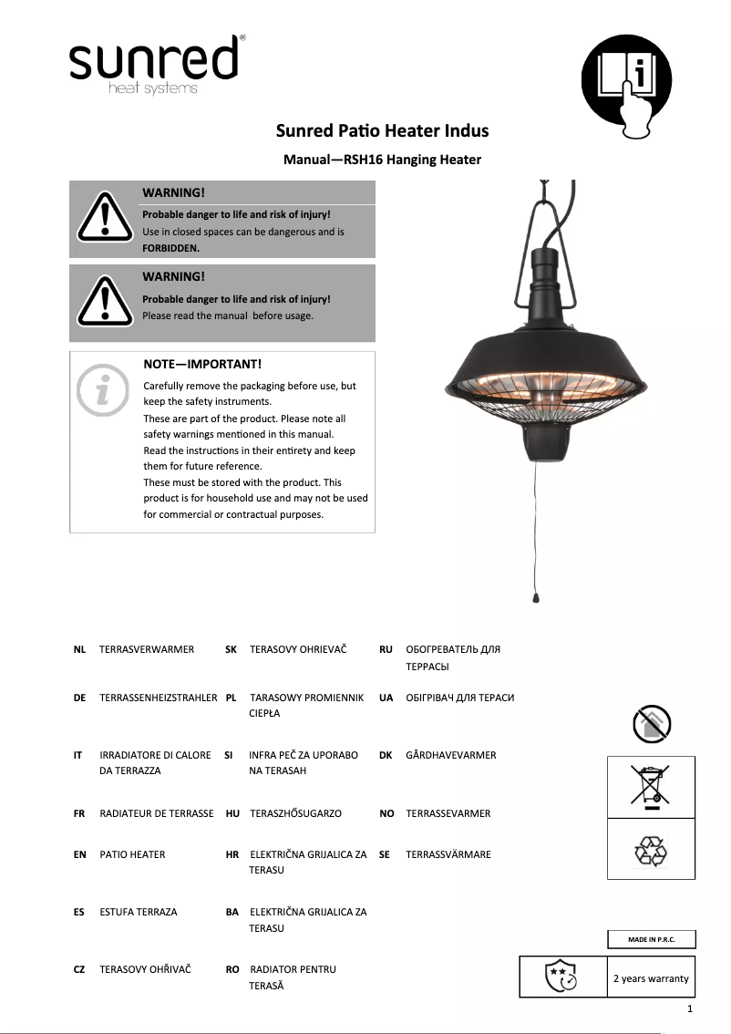 Page n°1 - Manuel utilisateur SunRed RSH16
