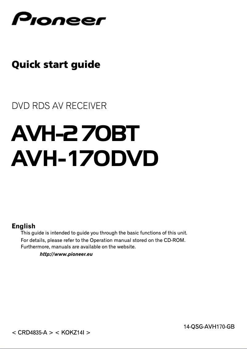 Page n°1 - Guide de démarrage rapide Pioneer AVH-270BT