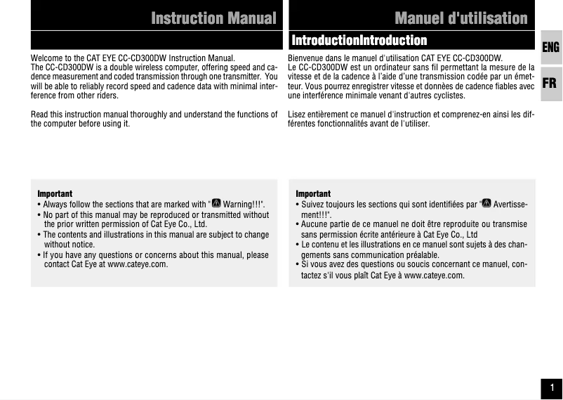 Page 1 de la notice Manuel utilisateur Cateye Double Wireless CC-CD300DW