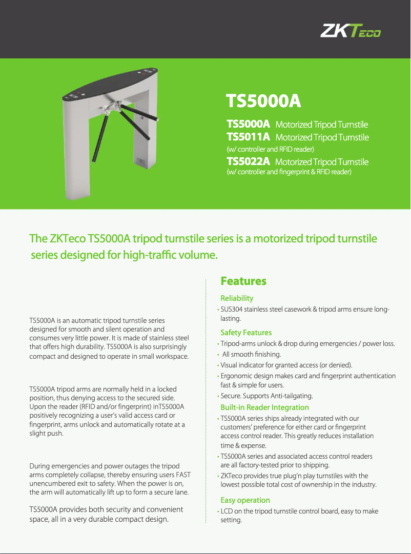 Page n°1 - Fiche technique ZKTeco TS5000A