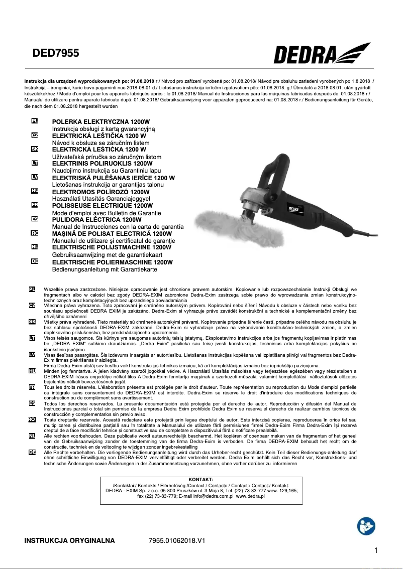 Page n°1 - Manuel utilisateur DEDRA DED7955