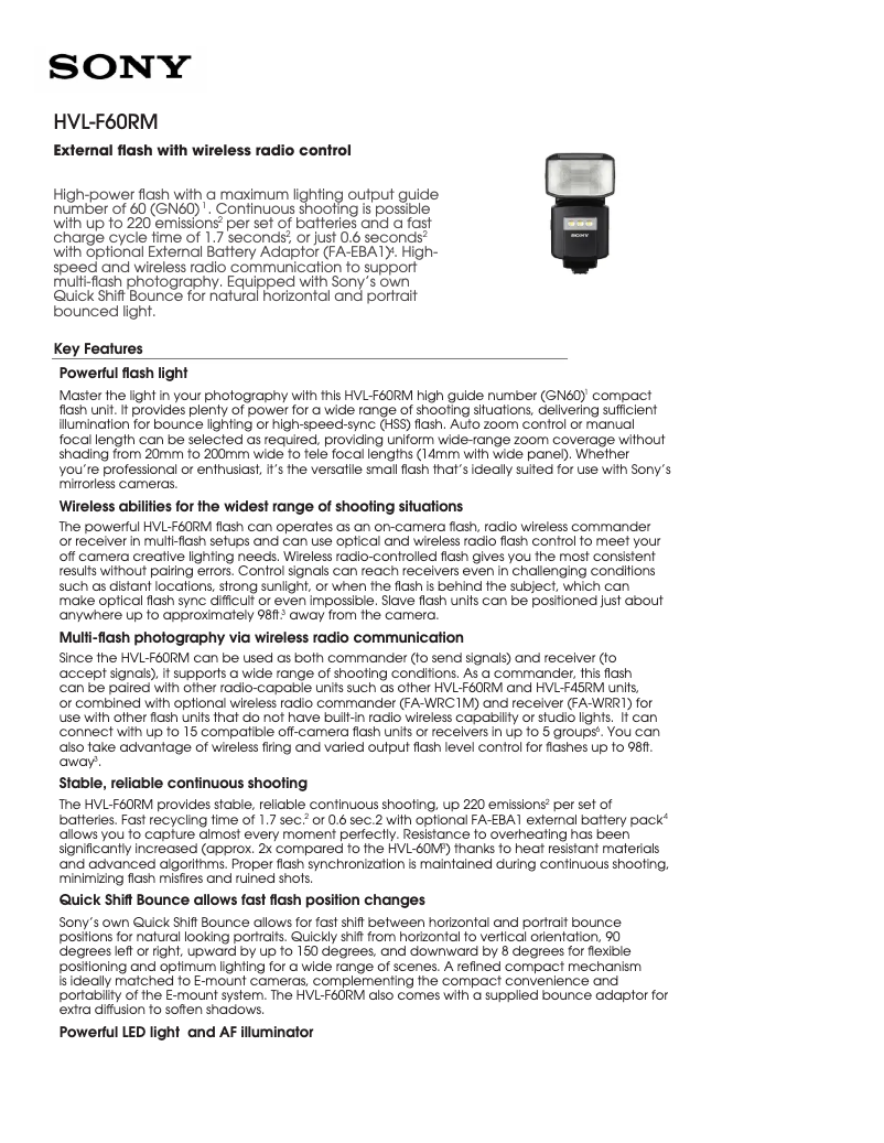 Page 1 de la notice Fiche technique Sony HVL-F60RM