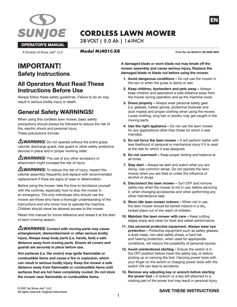 Page 1 de la notice Manuel utilisateur Sun Joe MJ401C-XR-SJB