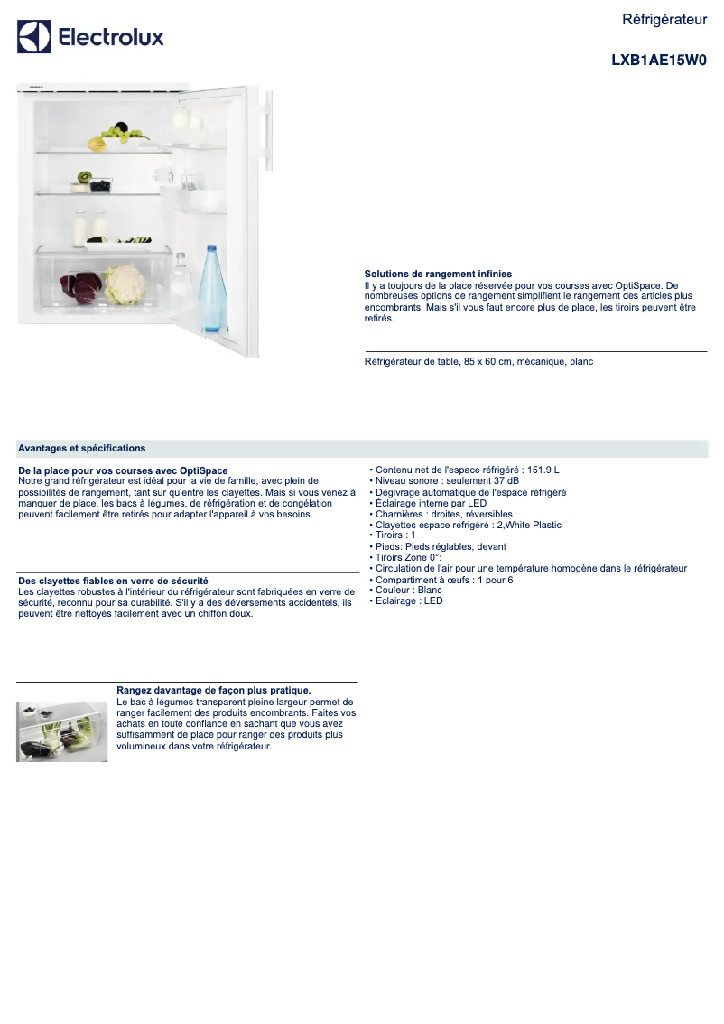 Page n°1 - Fiche technique Electrolux LXB1AE15W0