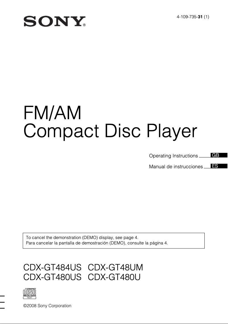 Page n°1 - Manuel utilisateur Sony CDX-GT480US