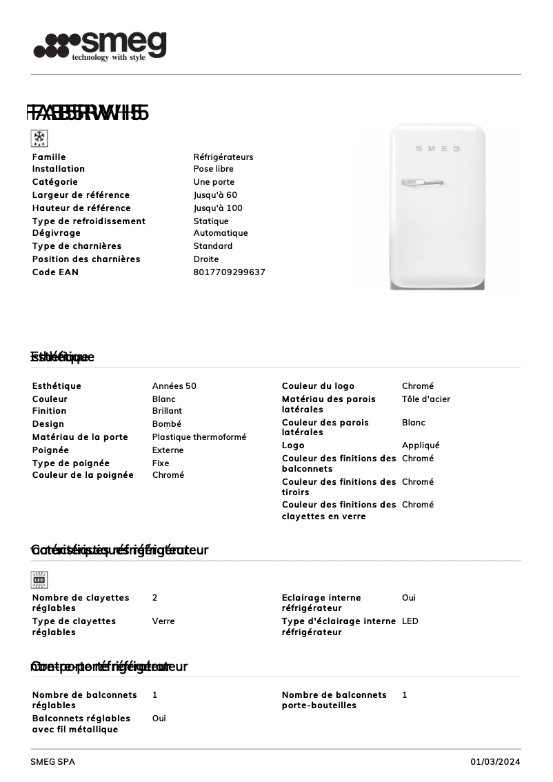 Page n°1 - Fiche technique Smeg FAB5RWH5
