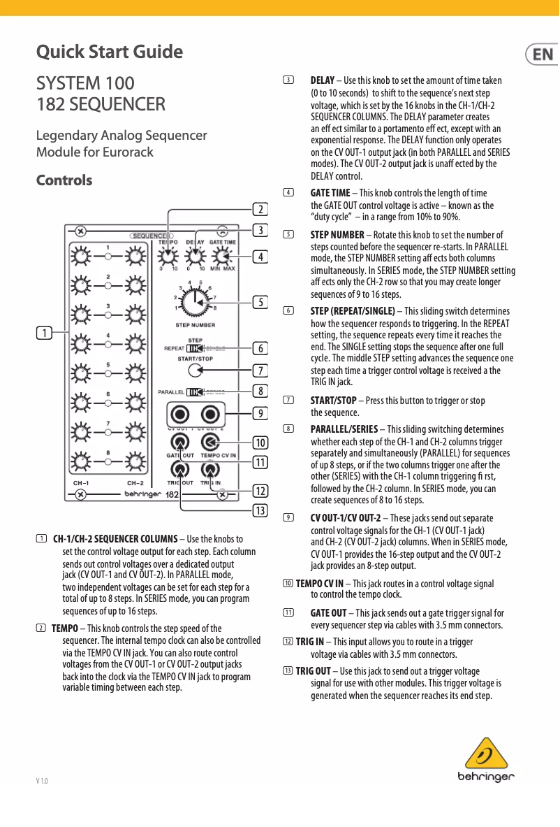 Página 1 del manual Guía de inicio rápido Behringer 182 Sequencer